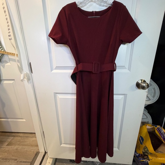 Melitea Dresses & Skirts - Melitea Women Short Sleeve Belted Midi Dress Burgundy Made in Italy Size 19